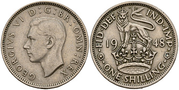 Великобритания 1 шиллинг 1948 Георг VI (1936-1952), Английский шиллинг KM 863, Spink 4103 медно-никель 4187-1053