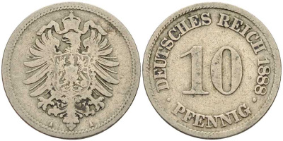 ГЕРМАНИЯ 10 ПФЕННИГОВ 1888 A, СТАРОГЕРБОВКА KM 4, J. 4 медно-никель 4401-326