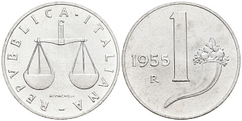 Италия 1 лира 1955 R, весы KM 91 алюминий  UNC  4594-714
