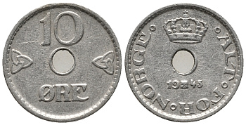 НОРВЕГИЯ 10 ЭРЕ 1945 ХОКОН VII (1905-1957) KM 383 медно-никель 66-146