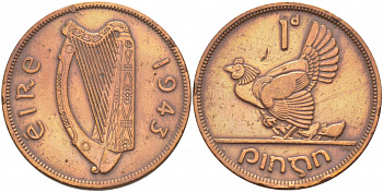 ИРЛАНДИЯ 1 ПЕННИ 1943 КУРИЦА С ЦЫПЛЯТАМИ KM 11 бронза 3457-231