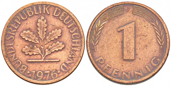 ФРГ 1 ПФЕННИГ 1976 J KM105, J.380 сталь плакированная медью 4396-1526