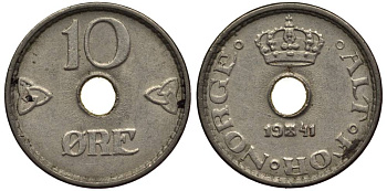Норвегия 10 эре 1941 Хокон VII (1905-1957) KM 383 медно-никель 4549-949