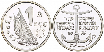 ИСПАНИЯ 1 ЭКЮ 1995 LA MARINA ESPANOLA, МАРИНА-ЭСПАНЬОЛА серебро PROOF 1082-1-64