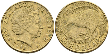 Новая Зеландия 1 доллар 2005 Елизавета II (1952-2022), птица киви  KM 120 алюминиевая бронза 51-225