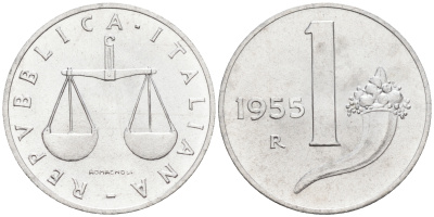 Италия 1 лира 1955 R, весы KM 91 алюминий  UNC  4594-714
