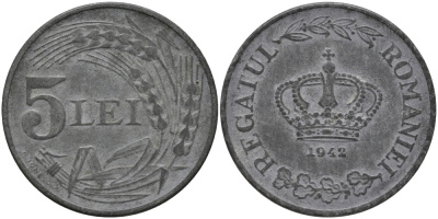РУМЫНИЯ 5 ЛЕЙ 1942 МИХАЙ I (1940-1947), ВТОРАЯ МИРОВАЯ ВОЙНА KM 61 цинк 72-1514