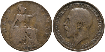 Великобритания 1/2 пенни 1923 Георг V (1910-1936) KM 809, Spink 4056 бронза 65-912