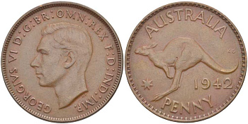 Австралия 1 пенни 1942 p, Георг VI (1936-1952), кенгуру, без буквы I KM 36 бронза 4512-1131