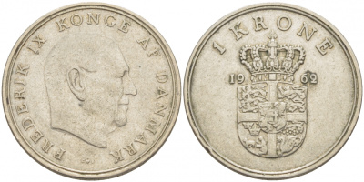 ДАНИЯ 1 КРОНА 1962 C; S, ФРЕДЕРИК IX (1947-1972) KM 851.1 медно-никель 86-654