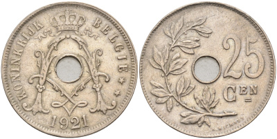 Бельгия 25 сантимов 1921 Belgie, Альберт I (1909-1934) KM 69 медно-никель 63-1143