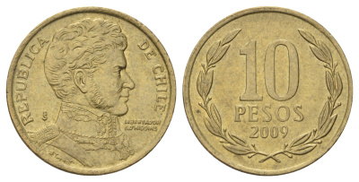 Чили 10 песо 2009 KM 228 никель латунь 4689-269
