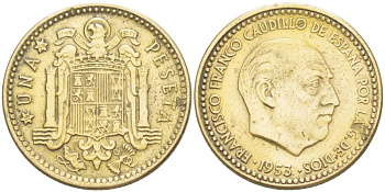 Испания 1 песета 1953 (56) Франциско Франко (1939-1975) KM 775 алюминиевая бронза 4519-914