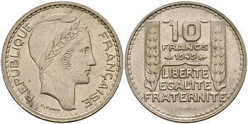 Франция 10 франков 1949 B, тип Пьер Турин, Grosse Tete KM 909.1, Le Franc 362.3 медно-никель 4137-626