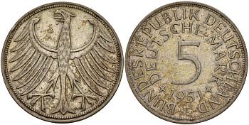 ФРГ 5 марок 1951 F KM 112.1, J.387 серебро 4157-1036