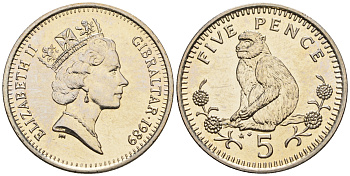 Гибралтар 5 пенсов 1989 АВ обезьяна KM 22 медно-никель UNC 87-622