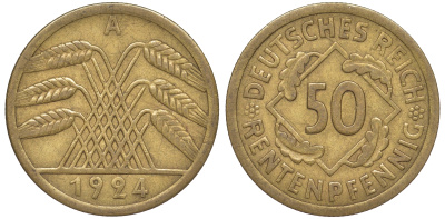 Германия 50 рентенпфеннигов 1924 A J. 310, KM 34 алюминиевая бронза 4118-115