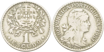 ПОРТУГАЛИЯ 1 ЭСКУДО 1951 ГОЛОВА СВОБОДЫ ВПРАВО KM 578 медно-никель 4517-432