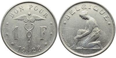 БЕЛЬГИЯ 1 ФРАНК 1928 BELGIQUE KM 89 никель 23-942