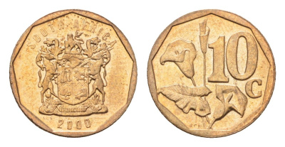 ЮАР 10 центов 2000 герб, цветок алоэ KM 161 сталь плакированная бронзой UNC 4694-765