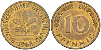 ФРГ 10 ПФЕННИГОВ 1968 J KM 108, J. 383 сталь плакированная латунью 219-431