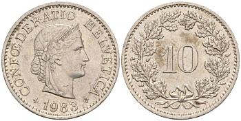 ШВЕЙЦАРИЯ 10 РАППЕНОВ 1983 KM 27 медно-никель 55-523