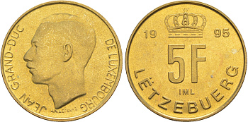 Люксембург 5 франков 1995 Великий герцог Жан (1964-2000), тираж 10.000 экземпляров KM 65 алюминиевая бронза  BU  4635-1225