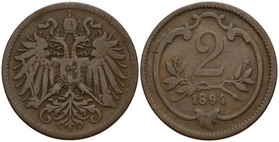 Австрия 2 геллера 1894 Франц Иосиф I (1848-1916) (1846-1918) KM 2801 бронза 4158-634