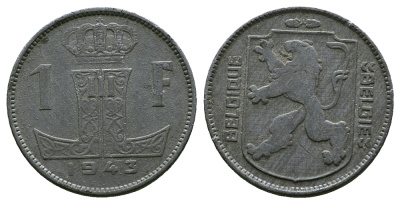 БЕЛЬГИЯ 1 ФРАНК 1943 BELGIQUE - BELGIE KM 127 цинк 4384-124