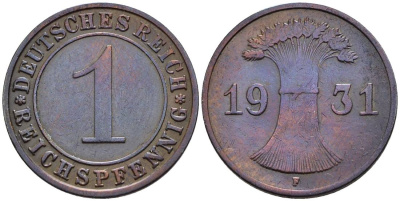 ГЕРМАНИЯ 1 РЕЙХСПФЕННИГ 1931 F KM 37, J. 313, Weege 2 бронза 4547-158