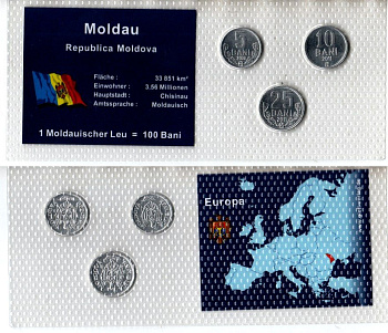 Молдавия (Молдова) набор из 3 монет (5, 10 и 25 бань (бани) 2006 и 2011 в красочной упаковке с информацией о стране KM 2, 3 и 7 алюминий UNC 5-4-1-122