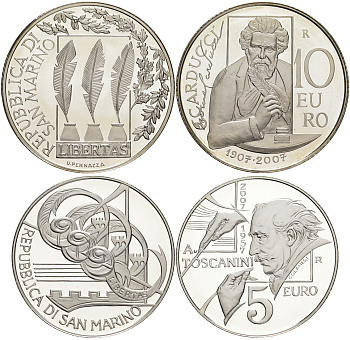 Сан-Марино набор 5 евро + 10 евро 2007 поэт Джозуэ Кардуччи и дирижер Артуро Тосканини, в оригинальной коробке, с сертификатом KM 474, 475 серебро PROOF 1-4-4-02