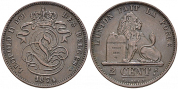 БЕЛЬГИЯ 2 САНТИМА 1874 BELGES KM 35.1 медь 110-147