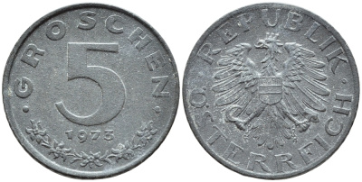 АВСТРИЯ 5 ГРОШЕЙ 1973 KM 2875 цинк 46-746