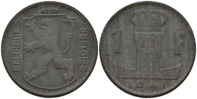 Бельгия 1 франк 1941 Belgique - Belgie, Леопольд III (1934-1947), германская оккупация, Вторая мировая война KM 127 цинк 4161-415