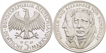ФРГ 5 марок 1967 F, Вильгельм и Александр фон Гумбольдт J. 395, KM 120.1 серебро UNC 650-1312