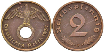 ГЕРМАНИЯ 2 РЕЙХСПФЕННИГА 1937 F KM 90, J. 362 бронза 261-855