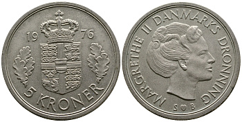 ДАНИЯ 5 КРОН 1976 S; B, МАРГРЕТЕ II (1972-) KM 863.1 медно-никель UNC 3334-324