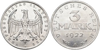 Германия 3 марки 1922 A, третья годовщина Веймарской Конституции KM 29, J.303 алюминий UNC 4587-143