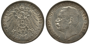 Баден 3 марки 1910 Фридрих II (1907-1918) J. 39, KM 280 серебро    3711-1642