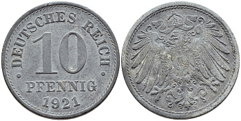 ГЕРМАНИЯ 10 ПФЕННИГОВ 1921 KM 26, J. 299 цинк 4395-1255