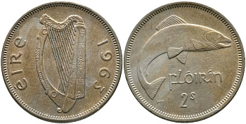 ИРЛАНДИЯ 1 ФЛОРИН = 2 ШИЛЛИНГА 1963 ЛОСОСЬ KM 15а медно-никель 4531-823