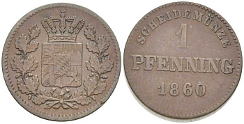 Бавария 1 пфенниг 1860 Максимилиан II (1848-1864) КМ 471 медь 201-246