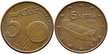 ГРЕЦИЯ 5 ЕВРОЦЕНТОВ 2002 KM 183 сталь плакированная медью 4390-1142