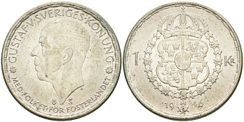 Швеция 1 крона 1946 TS, Густав V (1907-1950) KM 814 серебро UNC 3457-325