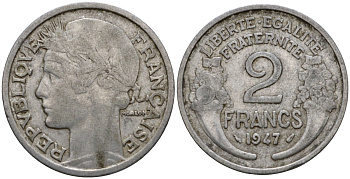 Франция 2 франка 1947 KM 886a алюминий 4601-413