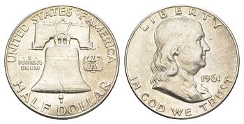 США 1/2 доллара (50 центов) 1961 Бенджамин Франклин, колокол KM 199 серебро  aUNC  4653-126