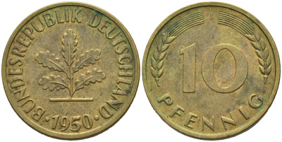 ФРГ 10 пфеннигов 1950 J KM 108, J.383 сталь плакированная латунью 4681-1115
