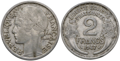 Франция 2 франка 1947 KM 886a алюминий 4601-413