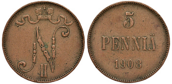 Россия для Финляндии 5 пенни 1908 Николай II (1894-1917) KM 15, Биткин 449 медь 75-744